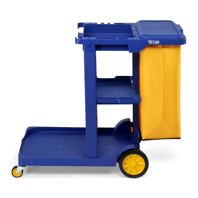 ROVSUN Multifunctional Cleaning Trolley with 3 Shelves & 57 L Removable Bin Bag, Service Trolley with TPR Wheels for Cleaning, Practical Hinged Lid & Hanging Hook, 230 kg, Blue - Image 1