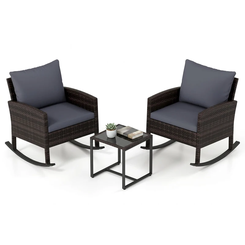 RELAX4LIFE 3 Pieces Rattan Bistro Set, Outdoor Rocking Conversation Set with Tempered Glass Table and 2 PE Wicker Armchairs, Metal Frame Garden Furniture Sets for Conservatory Lounge Backyard Poolside