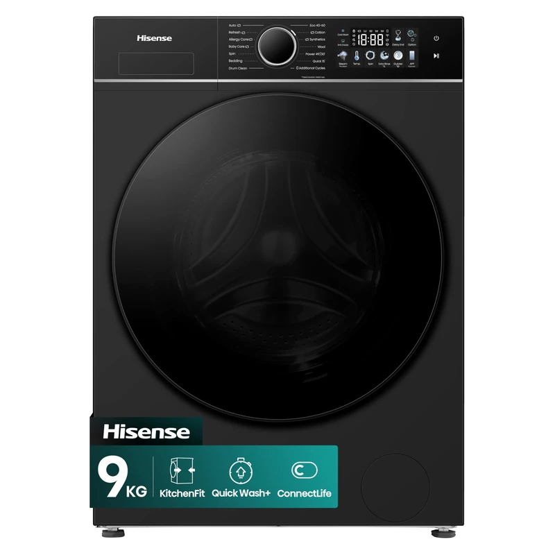 Hisense WF3I9043BBFS2 9kg Slim Washing Machine, 470mm Space-Saving Depth, WiFi Connectivity, 1400rpm Spin, A Rated Energy, Steam Function, 18 Programmes, Black