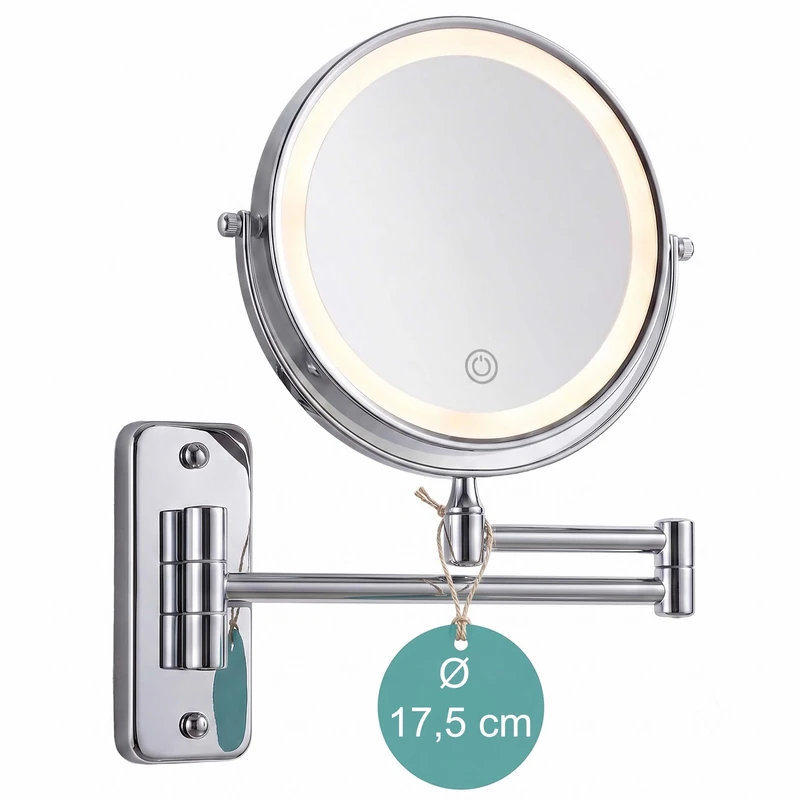 Relaxdays Wall-mounted make-up mirror, LED, 10x magnification, 360° swivel, Ø 17.5 cm, metal, USB rechargeable, silver