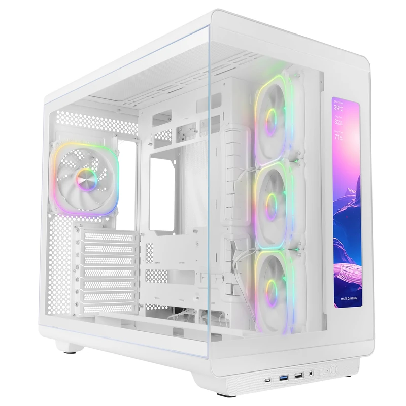 Mars Gaming MC-REVMAX, ATX PC Case, 11.8" IPS Display, Continuous Tempered Glass, 4 PWM ARGB Fans, Liquid Cooling up to 360mm, Compatible with Back-Connect Motherboards, USB-C, White