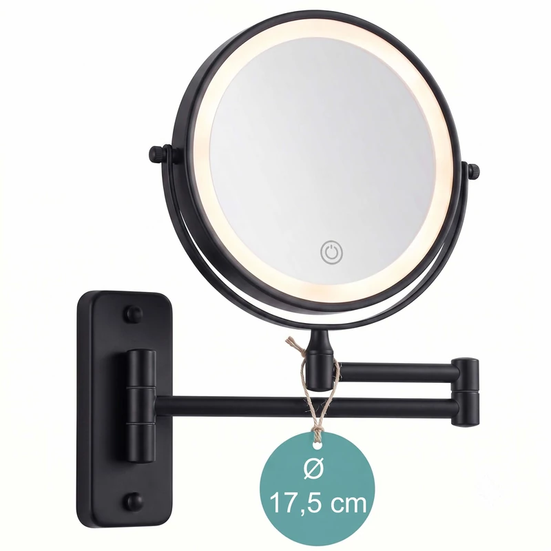 Relaxdays Wall-mounted make-up mirror, LED-lit, 10x, 360° swivel, Ø 17.5 cm, metal, USB-rechargeable, black