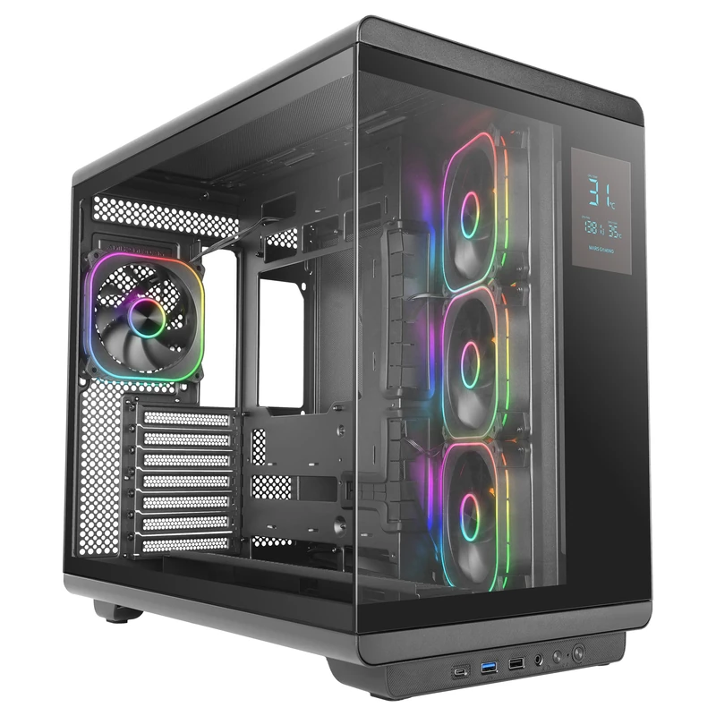 Mars Gaming MC-REVPRO, ATX PC Case, 4.3" LCD Display, Continuous Tempered Glass, 4 PWM ARGB Fans, Liquid Cooling up to 360mm, Compatible with Back-Connect Motherboards, USB-C, Black - Image 1
