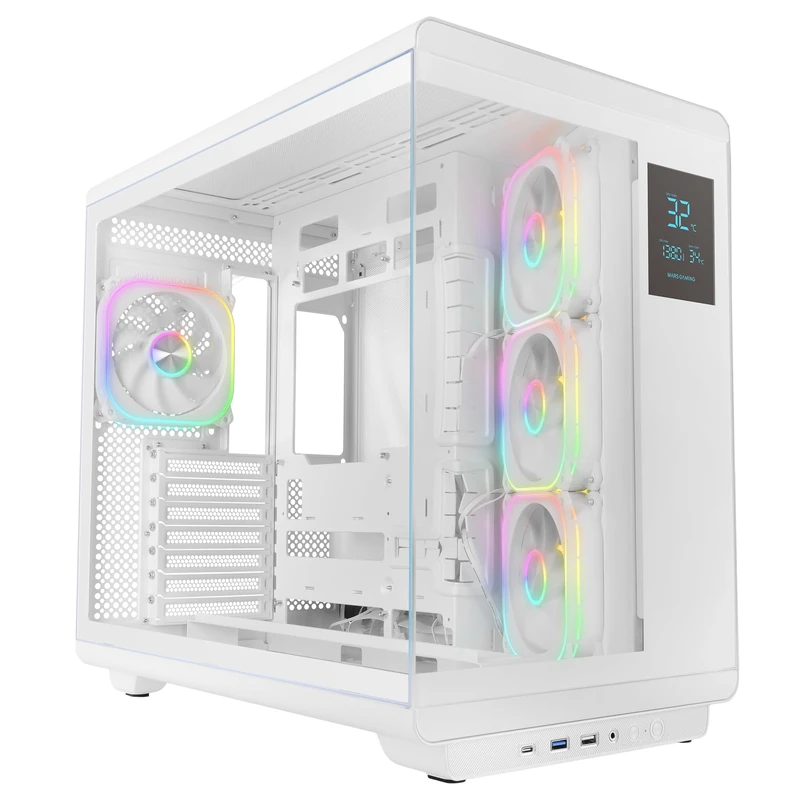 Mars Gaming MC-REVPRO, ATX PC Case, 4.3" LCD Display, Continuous Tempered Glass, 4 PWM ARGB Fans, Liquid Cooling up to 360mm, Compatible with Back-Connect Motherboards, USB-C, White - Image 1
