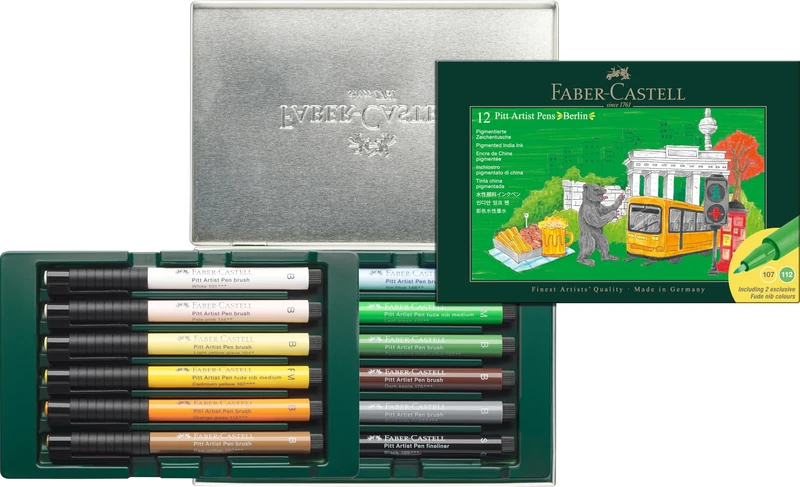 Faber-Castell Art & Graphic Pitt Artist Pen Brush City Gift Set of 12 - Berlin, India Ink, Art, Craft, Drawing, Sketching, Home, School, University, Colouring, Hobby, Gift