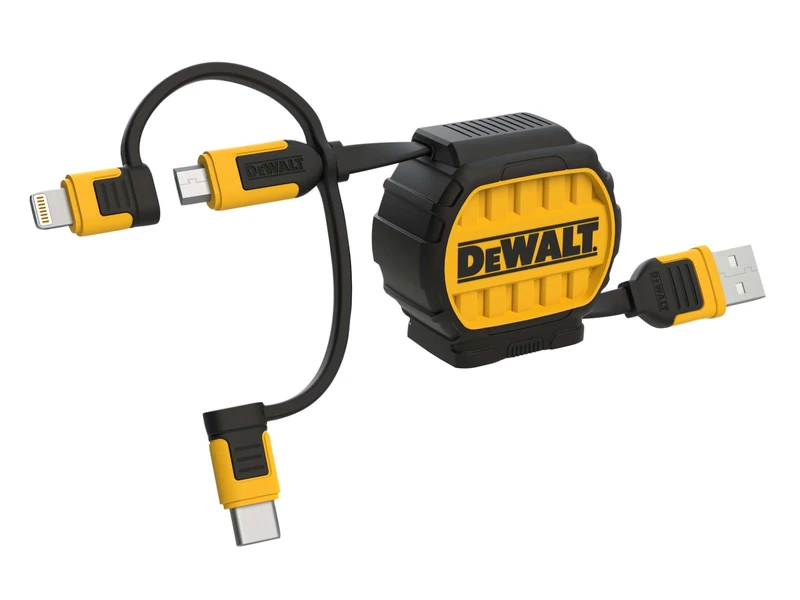 DEWALT 3-in-1 Retractable Charging Cable 0.9m (3ft) USB-A to USB-C, Lightning® & Micro USB Multi Device Cable - Image 1