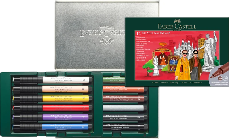 Faber-Castell Art & Graphic Pitt Artist Pen Brush City Gift Set of 12 - Milan, India Ink, Art, Craft, Drawing, Sketching, Home, School, University, Colouring, Hobby, Gift