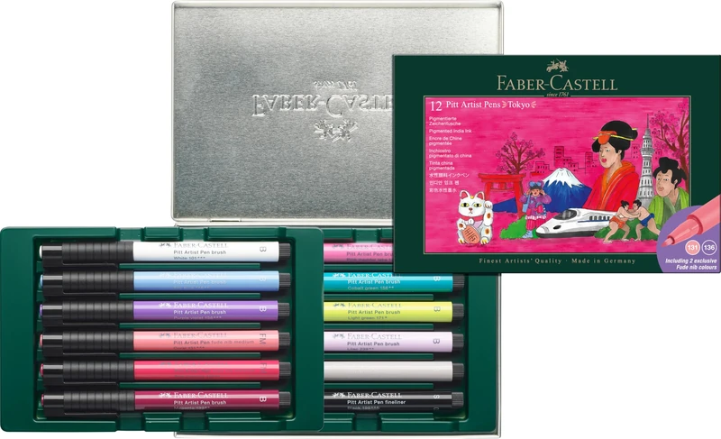 Faber-Castell Art & Graphic Pitt Artist Pen Brush City Gift Set of 12 - Tokyo, India Ink, Art, Craft, Drawing, Sketching, Home, School, University, Colouring, Hobby, Gift - Image 1