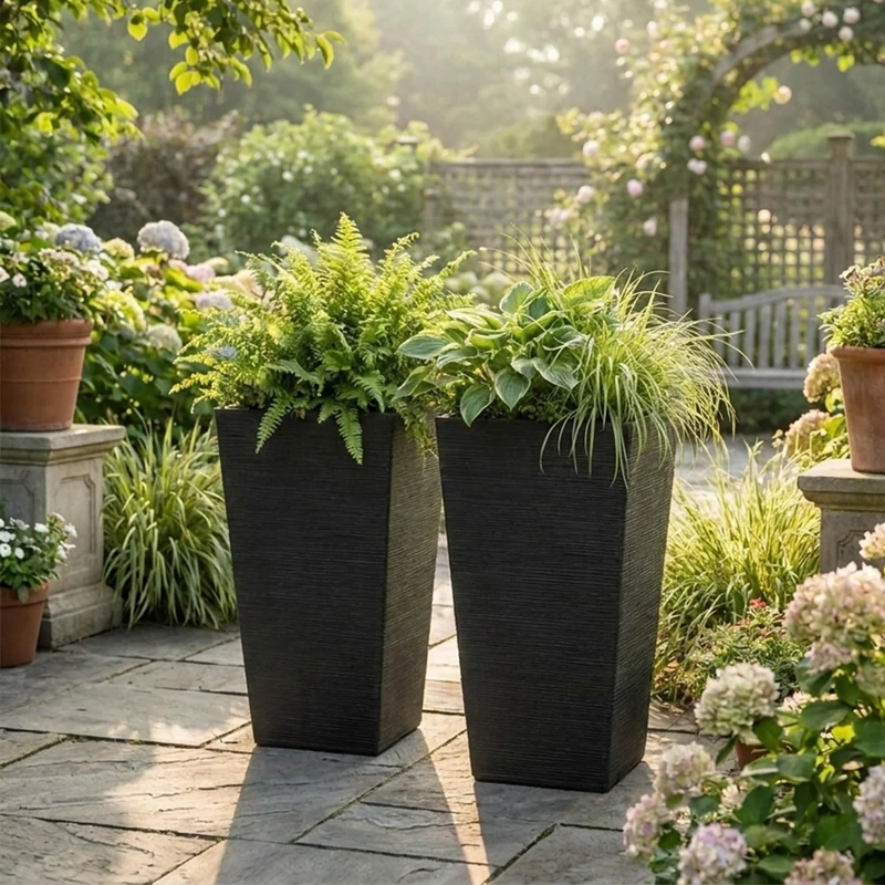 Nicoman 43.1L Tall Square Planter Pot, 61cm High Large Outdoor Plant Pot, 33 x 33 x 61cm Tapered Flower Pot, Modern Black Decorative Planter for Patio, Garden, Balcony & Entrance (Seagrass, Pack of 2) - Image 1
