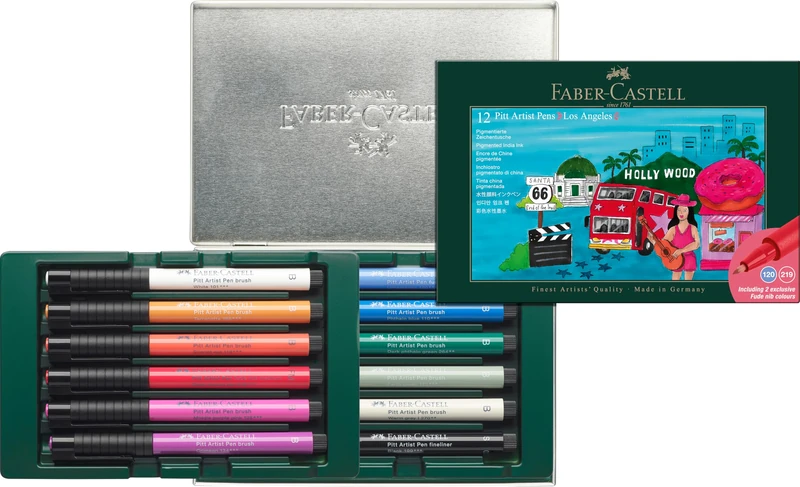 Faber-Castell Art & Graphic Pitt Artist Pen Brush City Gift Set of 12 - Los Angeles, India Ink, Art, Craft, Drawing, Sketching, Home, School, University, Colouring, Hobby, Gift