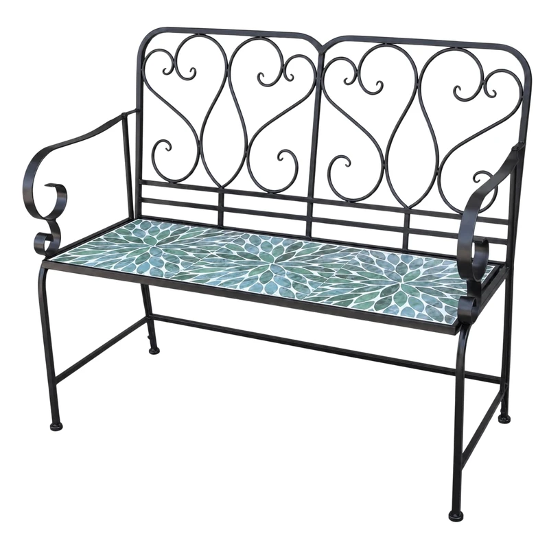 Mosaic Garden Bench 2 Seater 112cm - Metal Ceramic Tile Seat - Leaf Outdoor Patio Bench for Balcony, Terrace, Porch, Garden, Patio and Home Décor