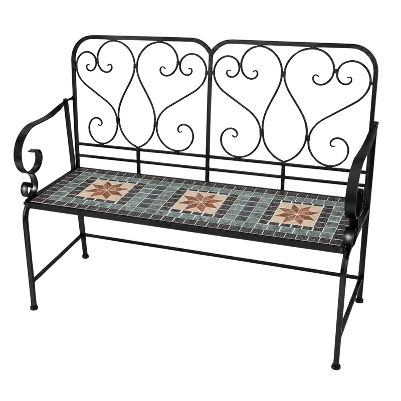 Mosaic Garden Bench 2 Seater 112cm - Metal Ceramic Tile Seat - Marrakech Outdoor Patio Bench for Balcony, Terrace, Porch, Garden, Patio and Home Décor