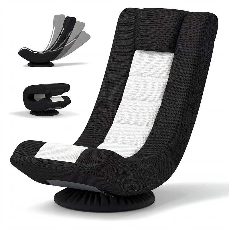 RELAX4LIFE Folding Floor Chair, 360° Swivel Lazy Sofa Chair with 4-Position Adjustable Backrest, High Back Padded Reading Gaming Lounge Sleeper Recliner for Living Room Bedroom Office (Black+White)