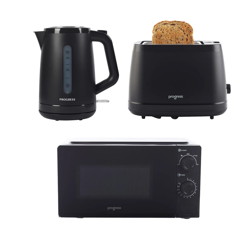 Progress Kettle, Toaster & Microwave Set – 1.7L Rapid Boil Kettle, 2 Slice Toaster & 20L Manual Microwave, Black - Image 1