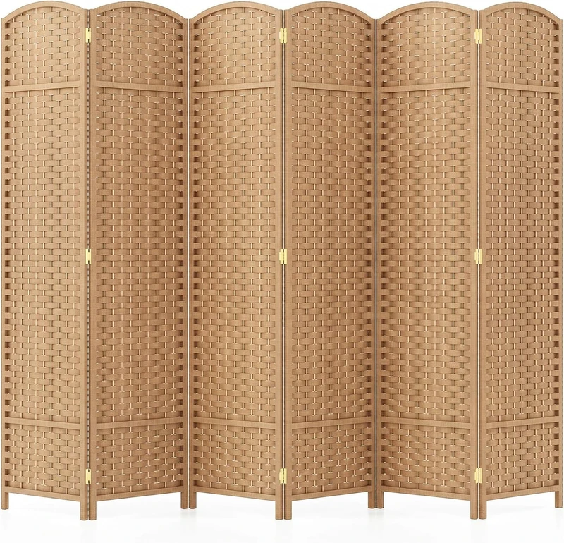 CASART 6-Panel Room Divider, Hand Made Folding Privacy Screen with Solid Wood Frame, 240 x 170cm Free Standing Partition Screens for Bedroom Living Room Office (Natural)