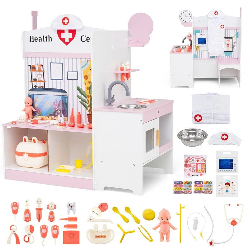 GYMAX Kids Doctor Play Set, Toy Medical Center with ECG Monitor, Body Parts Diagram, Faucet, Sink, Clock and 27 Accessories, Wooden Pretend Hospital Playset for 3+ Years Old (Pink+White)
