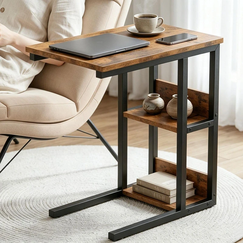 Feonase Side Table, C-Shaped End Table with Metal Frame, Bedside Table with Open Storage, Space-Saving Sofa Table for Small Spaces Living Room Bedroom, Rustic Brown