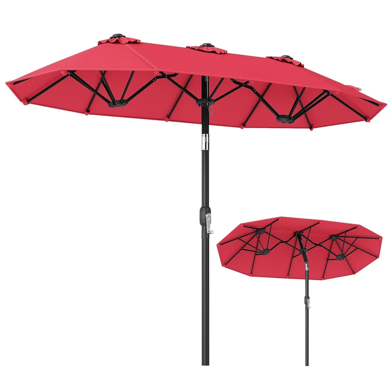 FANTASK Double Parasol, 300 x 150 cm, Garden Umbrella Bendable with Crank, Double Parasol, Market Umbrella, Patio Umbrella for Garden, Patio, Balcony (Red)