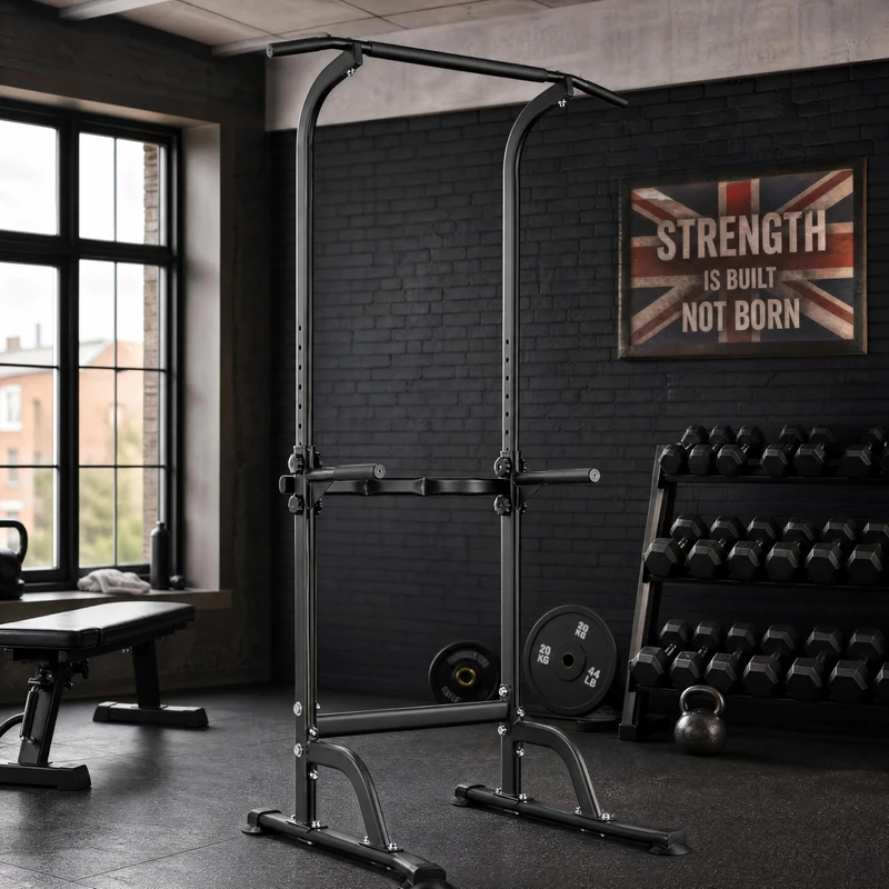Power Tower Dip Station for Home Gym, Adjustable Pull Up Bar with Dip Bars, Heavy Duty Strength Training Station for Chin Ups, Knee Raises, Push Ups and Leg Raises, 10 Height Settings, 150 kg Max Load