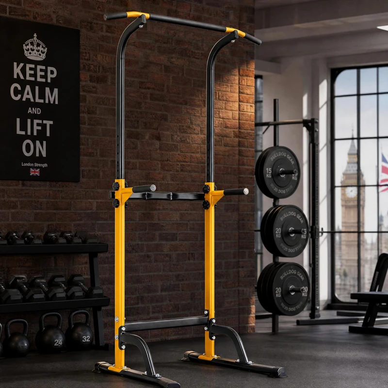 Power Tower Dip Station for Home Gym, Adjustable Pull Up Bar with Dip Bars, Heavy Duty Strength Training Station for Chin Ups, Knee Raises, Push Ups and Leg Raises, 10 Height Settings, 150 kg Max Load