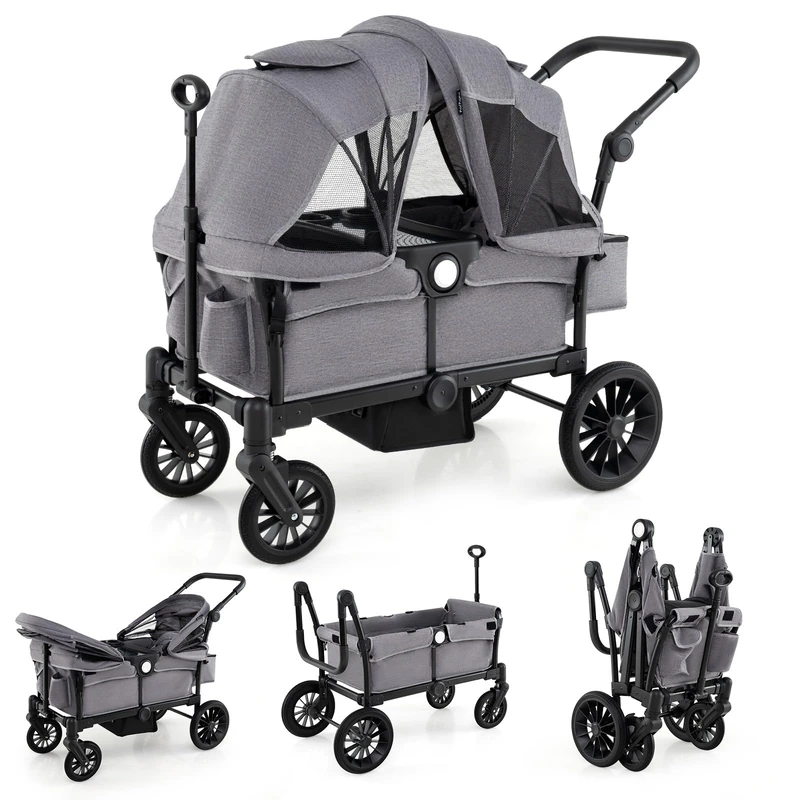 GYMAX Foldable Wagon for Kids to Sit in, Push Pull Double Stroller with Adjustable Handle, Removable Canopy, Cup Holder & Food Tray, Portable Push Pull Cart for Babies 6+ Months Old (Gray)
