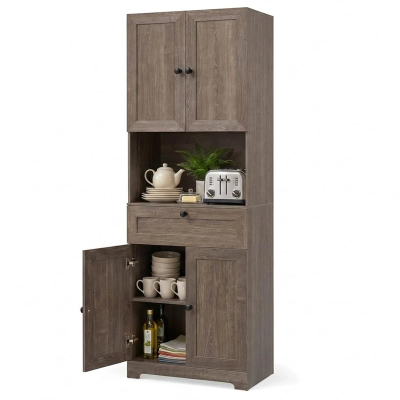 GiantexUK Tall Kitchen Cupboard, 171.5cm Freestanding Pantry Cabinet with 4 Doors, Adjustable Shelves & 1 Drawer, Wooden Storage Cabinet for Kitchen Dining Living Room (Oak Grey)