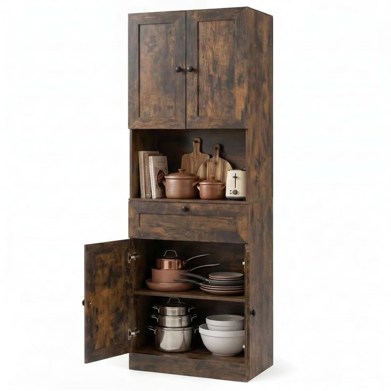 GiantexUK Tall Kitchen Cupboard, 171.5cm Freestanding Pantry Cabinet with 4 Doors, Adjustable Shelves & 1 Drawer, Wooden Storage Cabinet for Kitchen Dining Living Room (Rustic Brown)