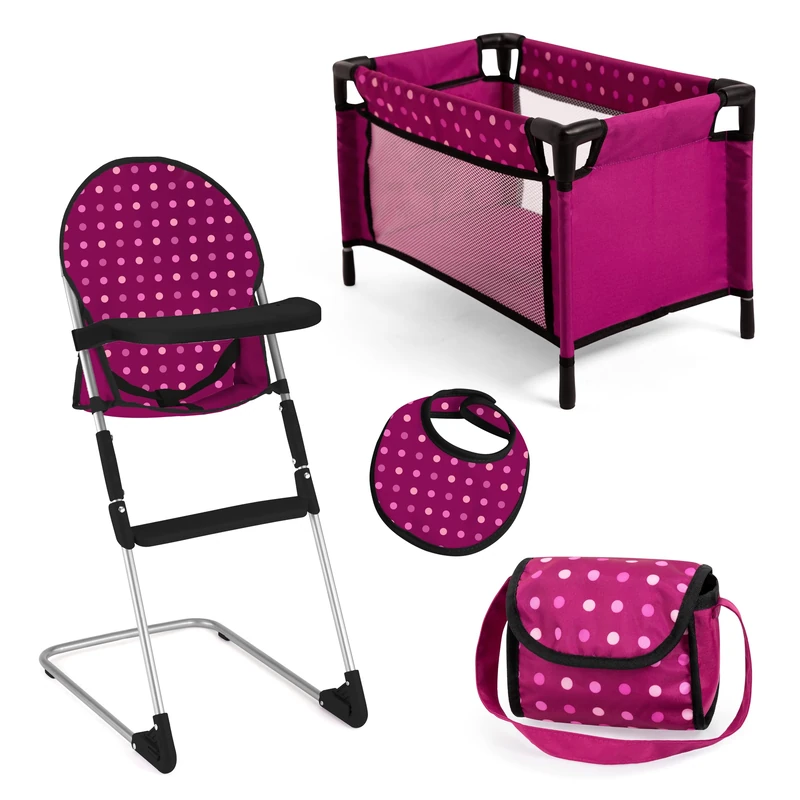 Bayer Design 63267AB Doll's high chair, doll's bed, bag, bib, doll accessories for children's role-play, play set for ages 3+