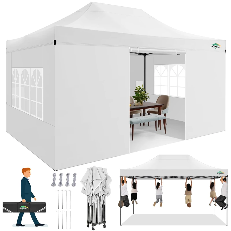 COBIZI Gazebo 3 x 4.5 m Waterproof Stable Winterproof Folding Gazebo with 4 Side Panels UV Protection Garden Gazebo Party Tent for Wedding & Event White