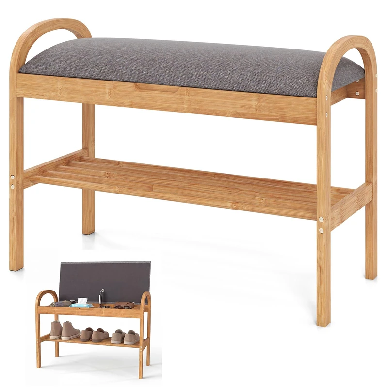 CASART Shoe Bench, Bamboo Storage Bench with Cushion, 2/3 Tiers Shoes Rack Shoe Storage Stool for Hallway Entryway Living Room Bedroom, Max 150kg (70 x 31 x 51cm, with Flip-Top Hidden Storage)