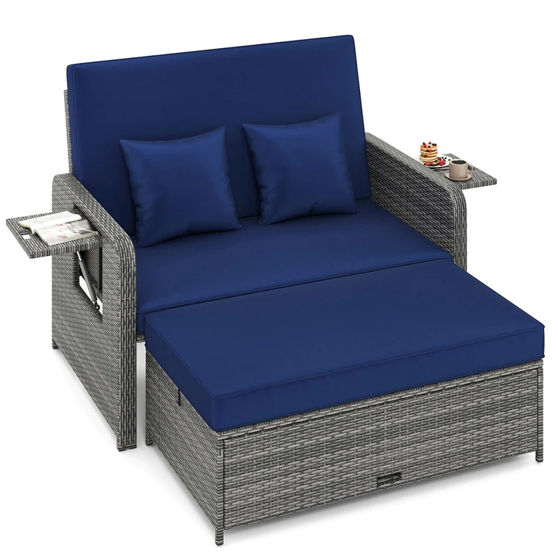 RELAX4LIFE 2 IN 1 Patio Rattan Daybed, 4-Level Adjustable Wicker Sun Lounger with Retractable Tray, Storage Ottoman & Cushion, Outdoor Double Sofa Bed Garden Furniture Set (Navy+Mix Grey)