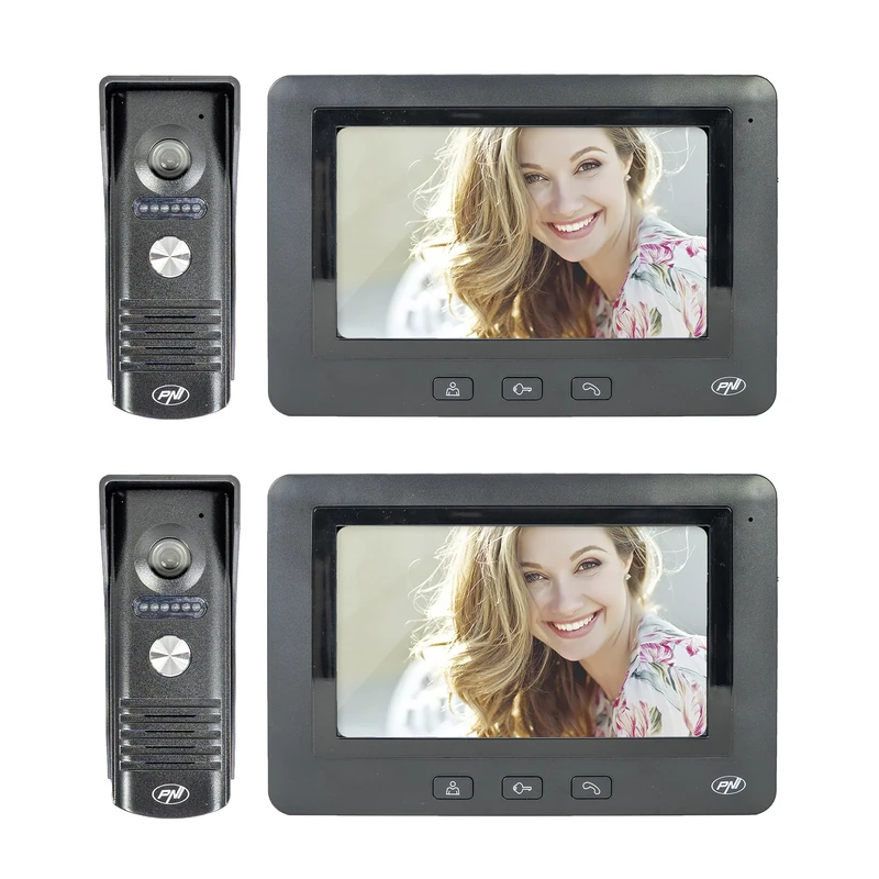 Pack of 2 PNI DF930 video intercom, 7 inch LCD screen, 800x480, electromagnetic yala output, black - Image 1