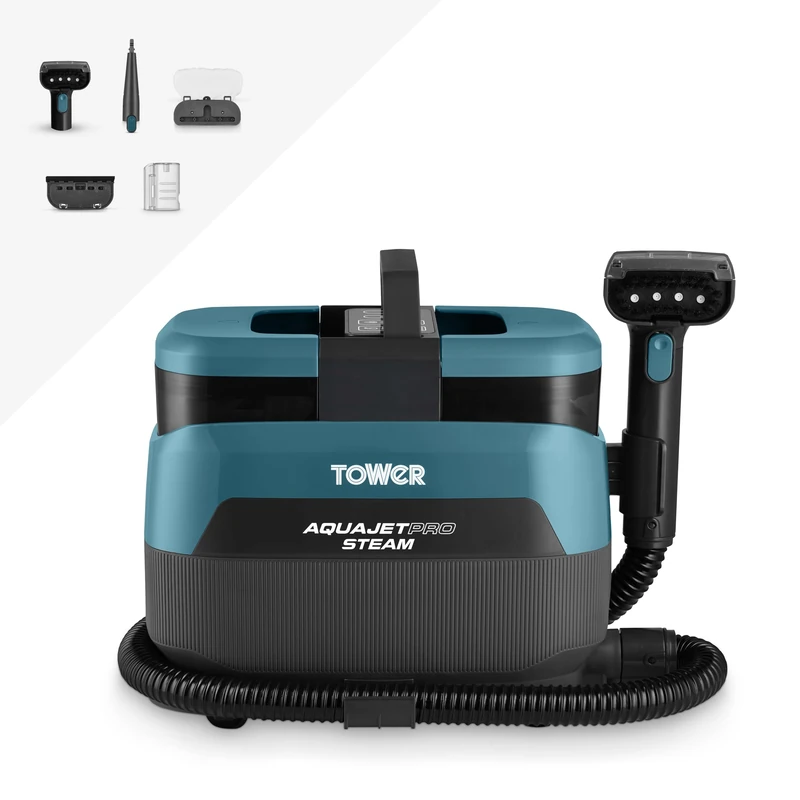 Tower Aquajet Pro Spot Cleaner with Steam, Hot and Cold Spray Functions, 1250ml Clean Tank, 1150ml Dirty Water Tank, 45 Minute Runtime, 1700W, Platinum & Tiffany Blue, T548008