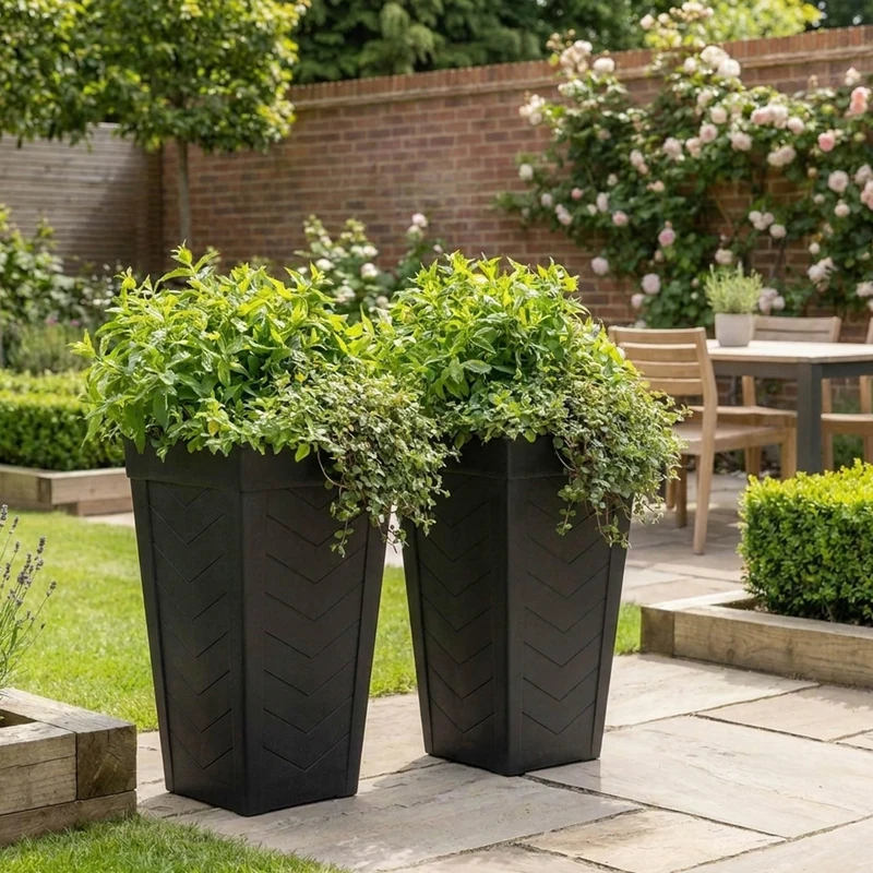 Nicoman 47.3L Tall Square Planter, 57cm Height, Black, Weather Resistant, Indoor and Outdoor Use, 37x37x57cm, Elegant Potted Plant for Patio, Garden, Balcony & Entrance (Chevron, Pack of 2) - Image 1