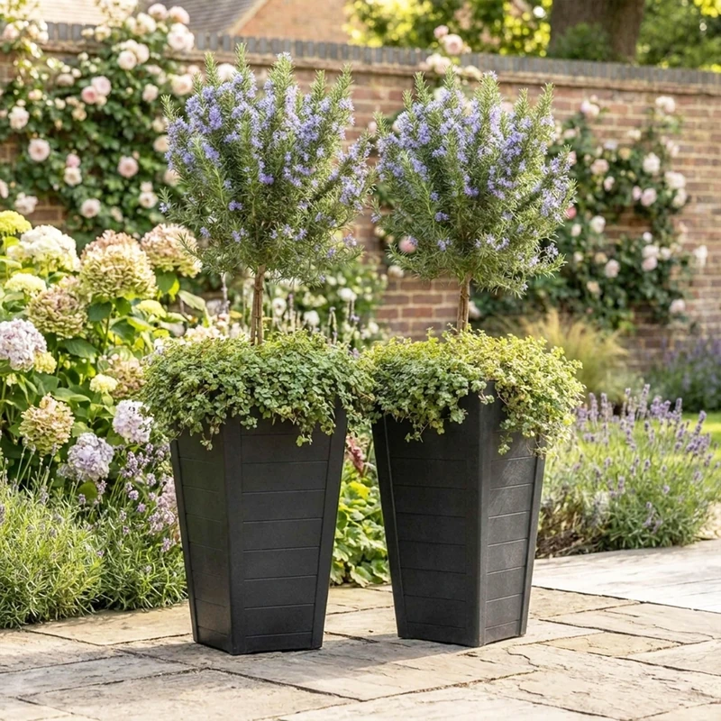 Nicoman 47.3L Tall Square Planter, 57cm Height, Black, Weather Resistant, Indoor and Outdoor Use, 37x37x57cm, Elegant Potted Plant for Patio, Garden, Balcony & Entrance (Plank, Pack of 2) - Image 1