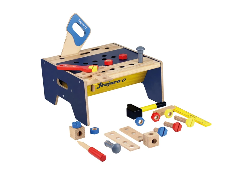 JEUJURA 8597 - Wooden Bench with 5 DIY Tools and Accessories, Children's Game from 3 years, with Hammer, Saw, Screwdriver, Wrench and Screws - Image 1