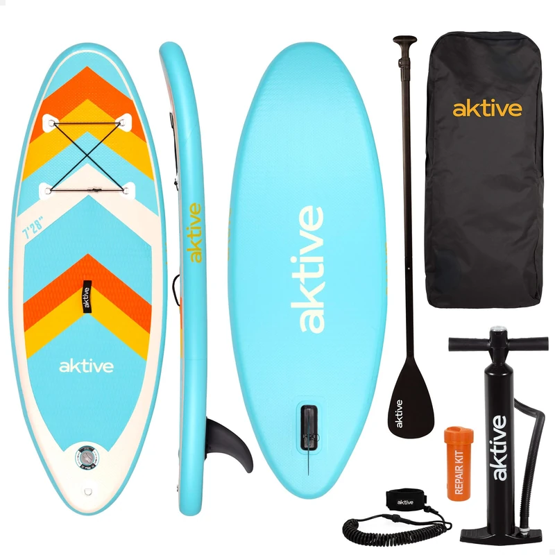 AKTIVE Inflatable Paddle Board, Junior, 213 x 71 x 10 cm, Supports 200 kg, Inflator with Gauge, Adjustable Paddle, Repair Kit, Backpack Transport, Beach Accessories (54370)
