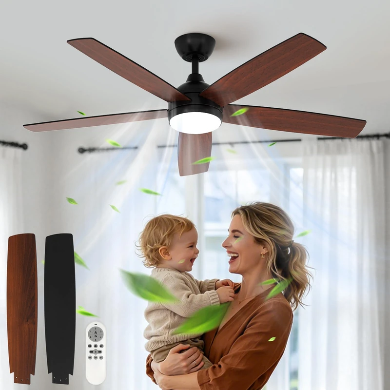 Comely 52" Ceiling Fan with Remote Control LED Light, 6 Silent Speed, 3 Colour Temperatures, DC Motor Reversible Summer/Winter, Ceiling Fan, Bedroom Living Room, Walnut & Black