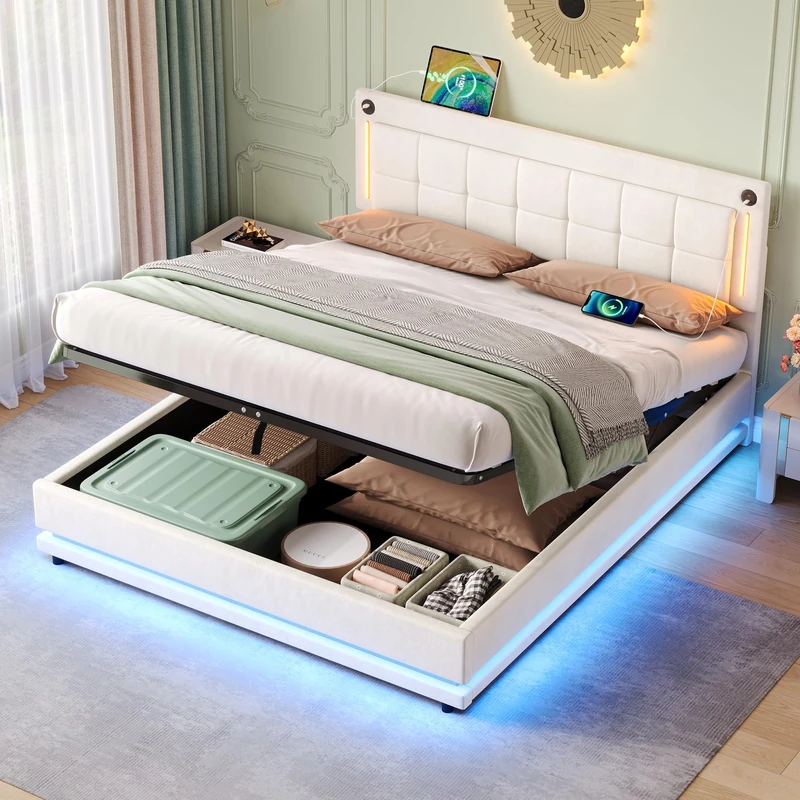 Ball & Cast 5ft King LED Hydraulic Bed with Charging Station, Adjustable Square Tufted Headboard with Intelligent Control Light, Soft Velvet Bed Frame with USB and Type - C Ports, Beige (No Mattress) - Image 1