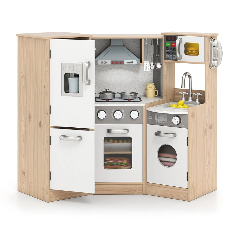 GYMAX Kids Corner Kitchen, Wooden Toy Kitchen with Microwave, Range Hood, Washing Machine, Ice Dispenser, Phone, Cooking Accessories, Realistic Light & Sound, Large Play Kitchen for 3 Years Old +