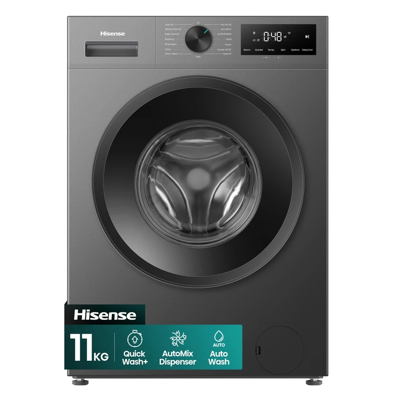 Hisense WF11142BBL 11kg Washing Machine, 1400rpm, A Rated Energy Efficiency, Steam Hygiene Function, Inverter Motor, 15 Programmes, Freestanding, Black
