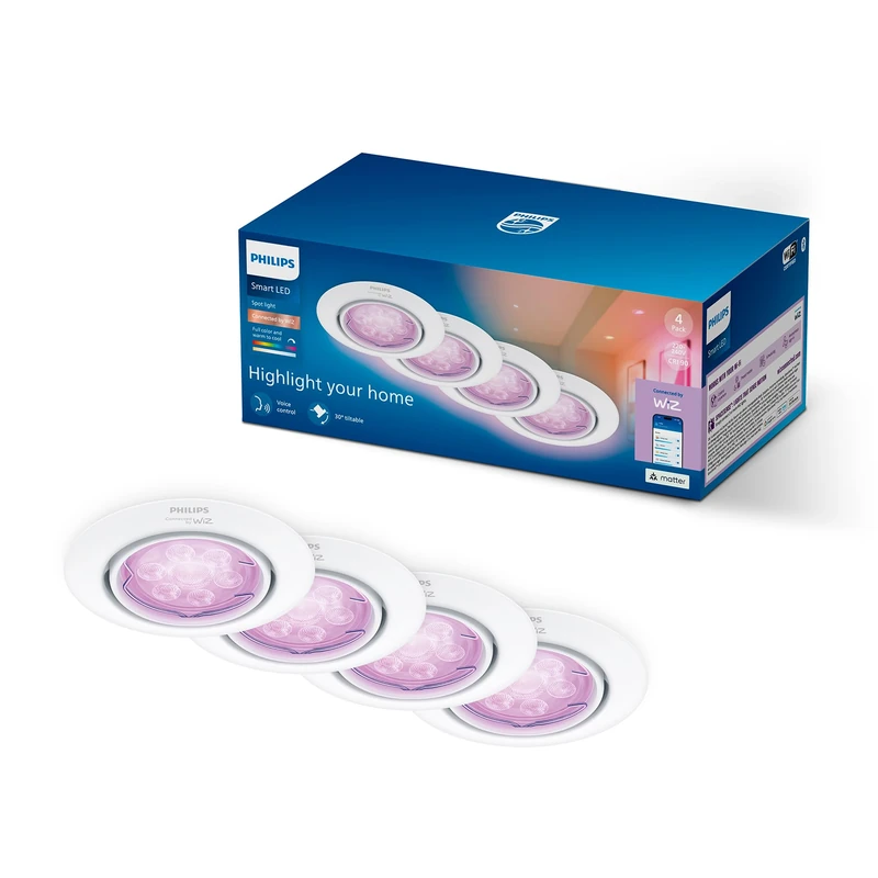 Philips Smart Lighting GU10 Kit, 4 Pack, Tunable White and Color, Total Solution, Tiltable Head, Dimmable, App Controls, Voice Controls, White