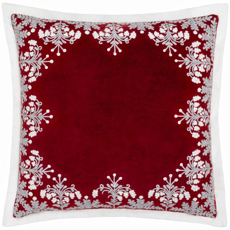 Paoletti Winter Bloom Feather Filled Cushion – Luxury Floral Embroidered Cotton Velvet Oxford Edge Festive Decorative Pillow (Red – 50x50cm)