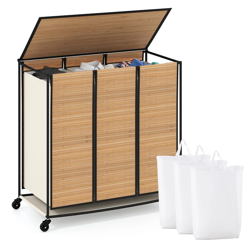 RELAX4LIFE Laundry Basket with Lid, 81L Capacity Rolling Laundry Hamper with Wheels & 3 Compartments, 66 x 33 x 66cm Sturdy Metal Frame Container Ideal for Bathroom Bedroom Living Room Hallway