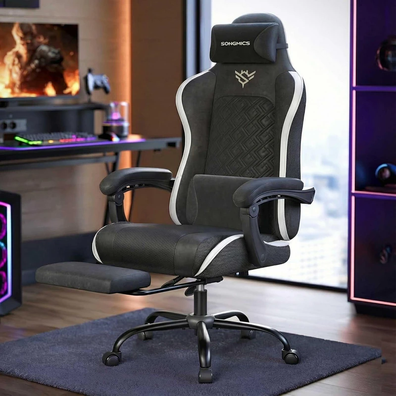 SONGMICS Gaming Chair, Ergonomic Office Computer Desk Chair with Footrest, Spring Seat Cushion, Synchronised Armrests, Ink Black and Cloud White OBG079B302