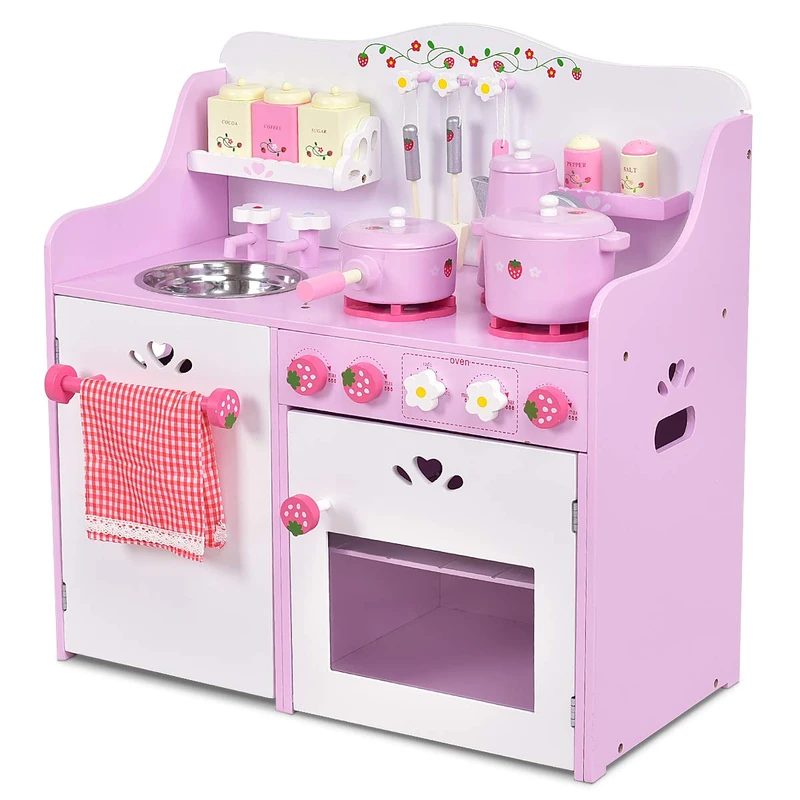 GYMAX Kids Toy Kitchen, Wooden Play Kitchen with Stoves, Sounds, Oven and Accessories, Toddler Cooking Role Playset for 3+ Years Old