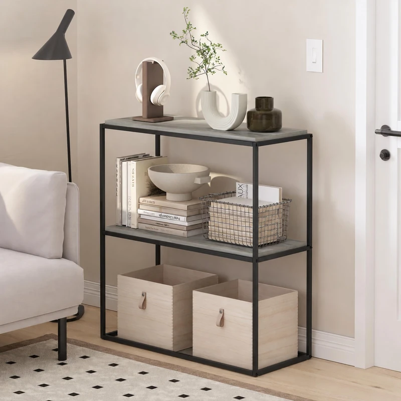 Furinno MORETTI 2-Tier Stackable Grey Book Shelf, Metal Frame Storage Shelves, Rectangular Display Shelf, Easy Assembly, for Organization and Storage, Living Room, Home Office, Grey Oak