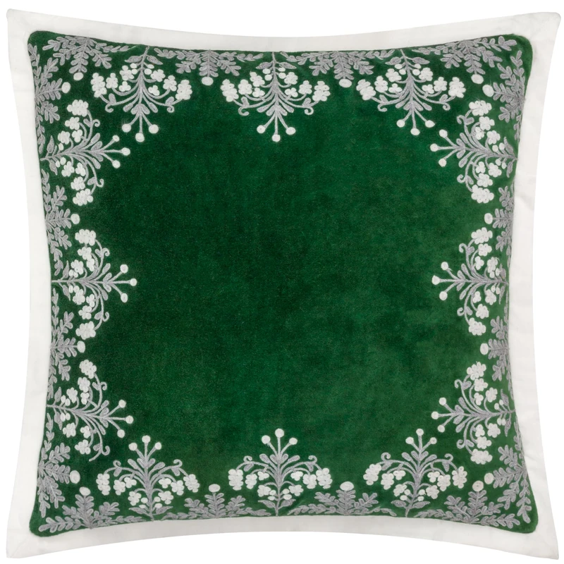 Paoletti Winter Bloom Feather Filled Cushion – Luxury Floral Embroidered Cotton Velvet Oxford Edge Festive Decorative Pillow (Green – 50x50cm)