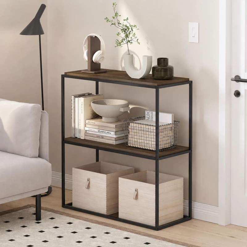 Furinno MORETTI 2-Tier Stackable Rustic Brown Book Shelf, Metal Frame Storage Shelves, Rectangular Display Shelf, Easy Assembly, for Organization and Storage, Living Room, Home Office, Brown Walnut