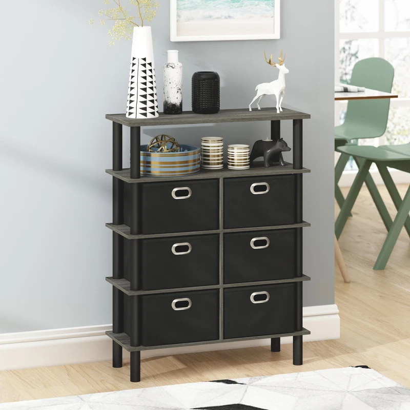 Furinno Frans Toolless Assembly Entryway Table, 4-Tier Grey Console Table with Storage Drawer Bins, Open Back Sofa Table, Side Table, for Living Room, Home Office, Entryway, Grey Oak